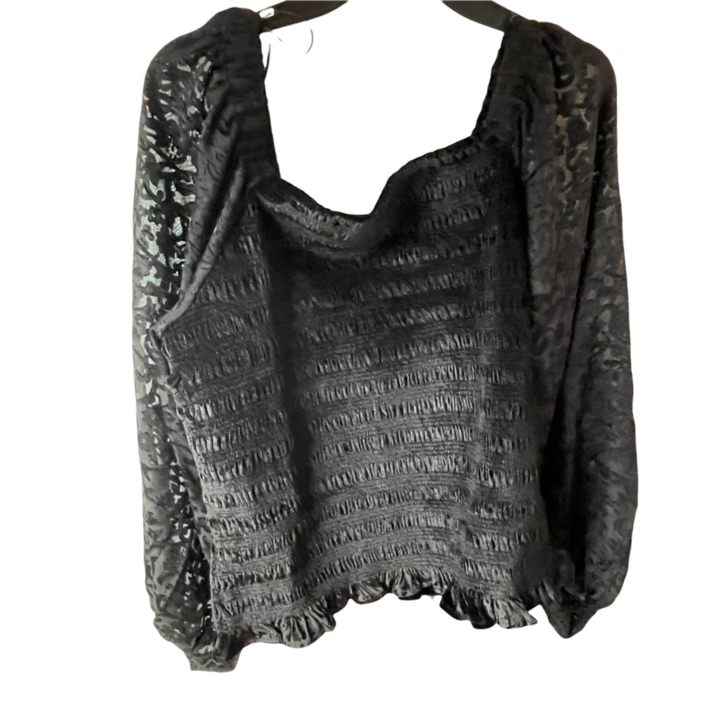 Calligraphie Black velvet smoke front Square neck long sleeve Blouse Top Size XL